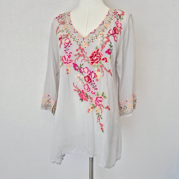 Johnny Was Floral Embroidered Semi Sheer Chiffon Tunic Blouse 3/4 Sleeve - Picture 2 of 14